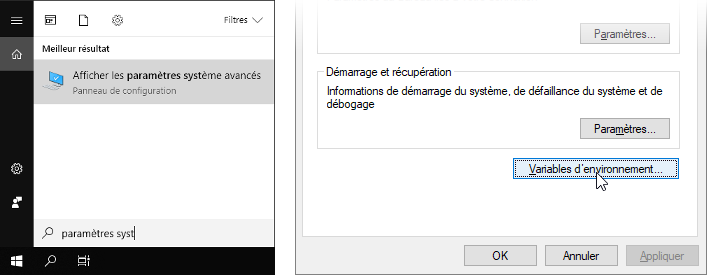 Variables d'environnement dans les paramètres système